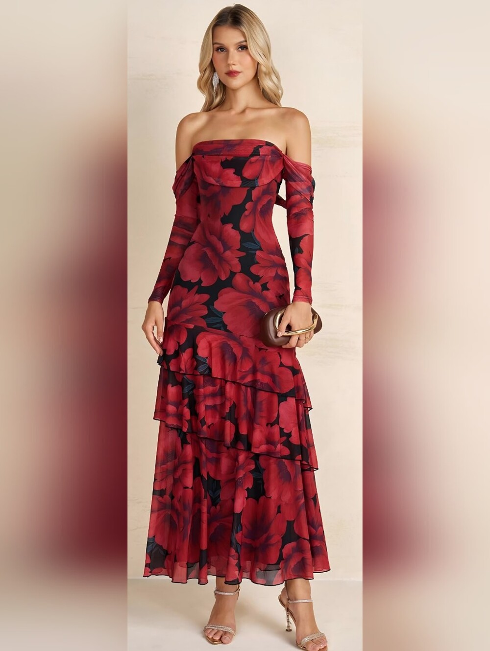 NWT Red Floral Off Shoulder Mesh Ruffle Maxi Dress Size Large